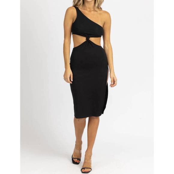 NEW CRESCENT front knot asymmetric midi dress in black - Picture 2 of 5